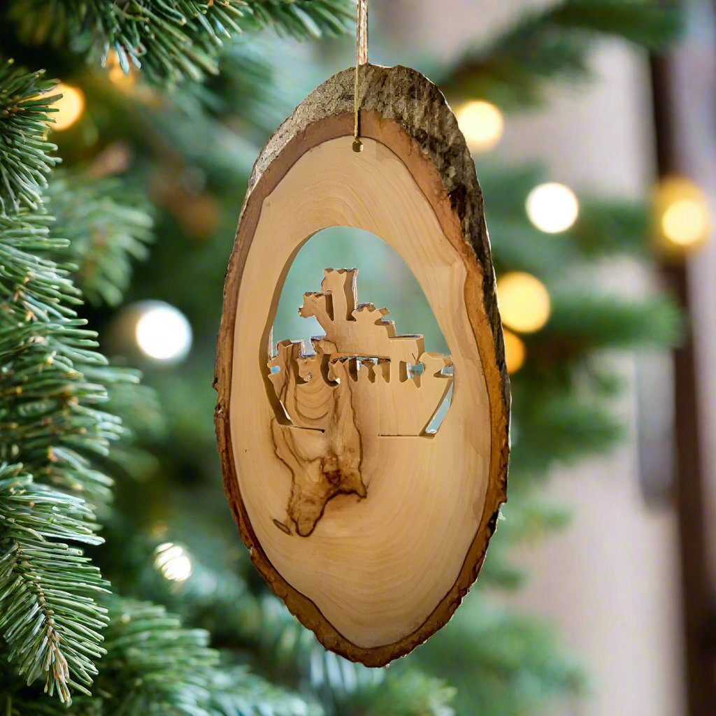  The Tree Bark Slice with Noah's Ark Ornament by EarthWood is a great ornament for keeping up year round for when you could use the message of God during tough times.