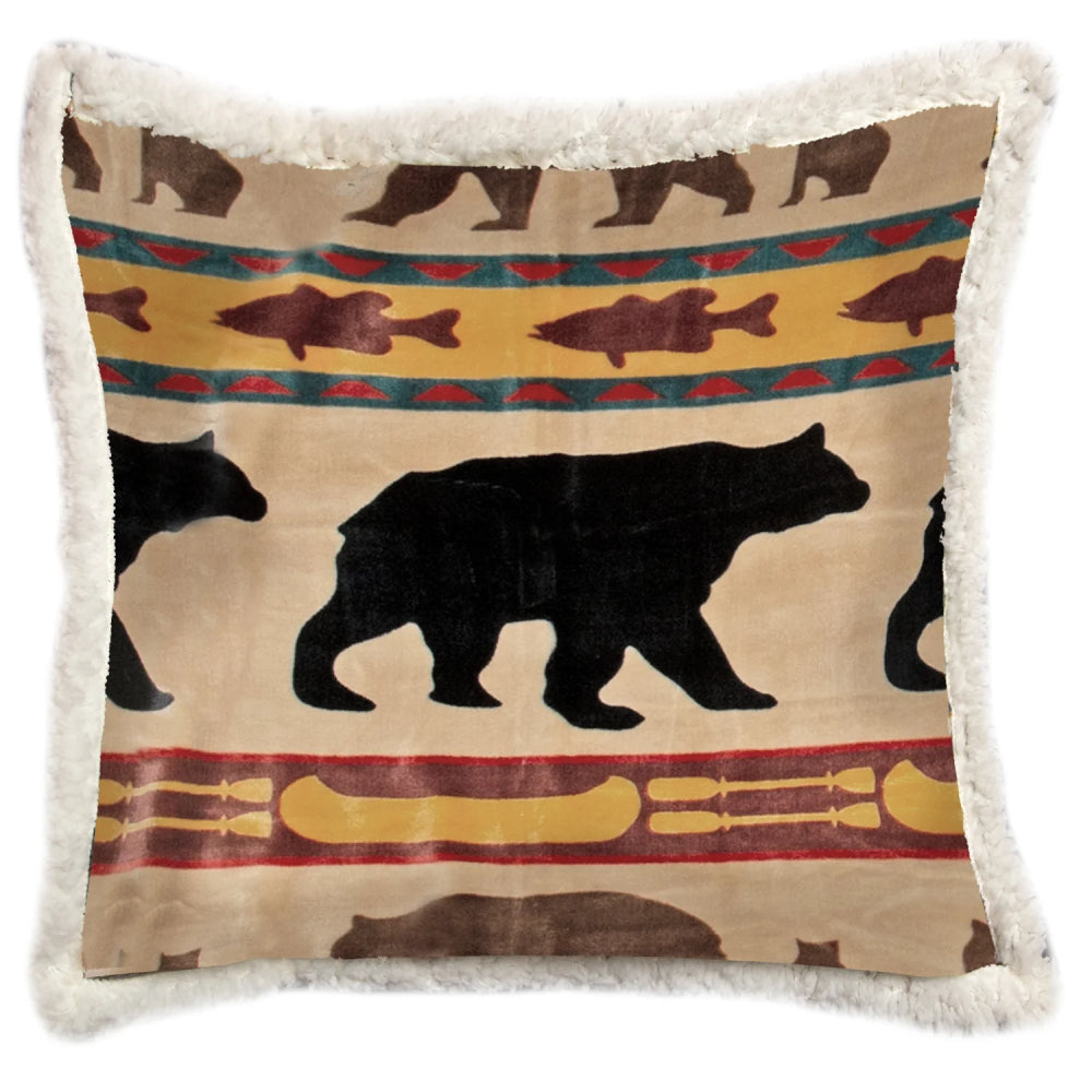 The Bear Family Pillow by Carstens features a native american lodge inspired pattern that looks great in any rustic home or cabin.