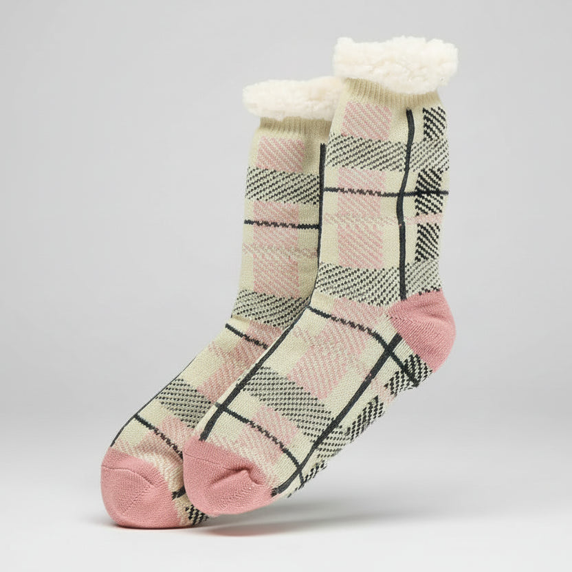 Plaid patterned socks with pink accents on a light gray background