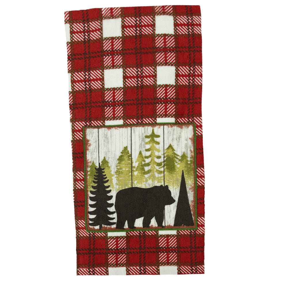 We love the cabin aesthetic of the red plaid flannel material used in this Bear Simple Living Terry Towel by Kay Dee Designs. Our favorite design feature of this kitchen linen is the adorable scene on the front of a bear amongst a green pine forest. 