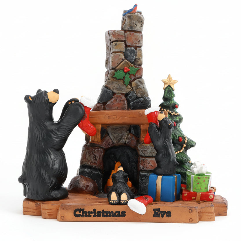 Sit by the fire and hang your stockings on the mantle because it's Christmas time! It just wouldn't be Christmas time without the Bearfoots Bears! The Bearfoots Christmas Eve Figurine by Jeff Fleming shows us the familiar scene of hanging stockings on the mantle with your family, the fire roaring and the tree awaiting presents
