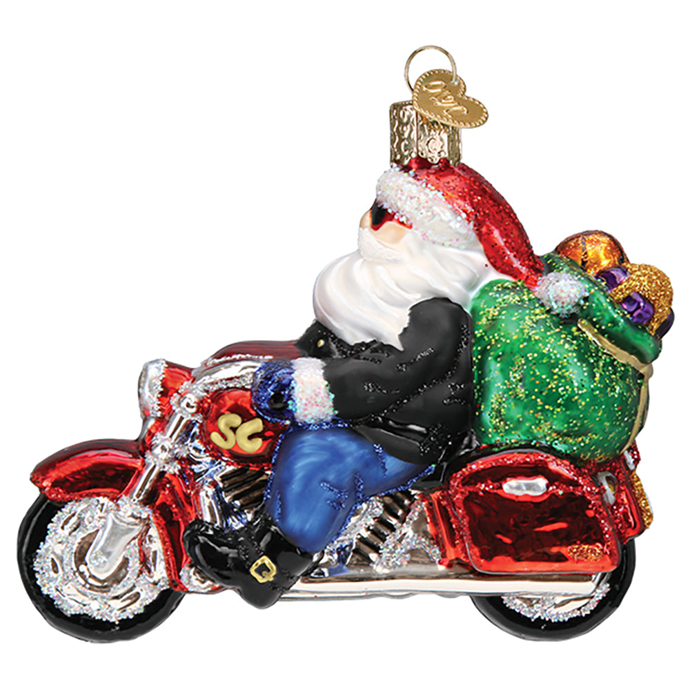 The Biker Santa Ornament by Old World Christmas gives you a side of Santa you have never seen!