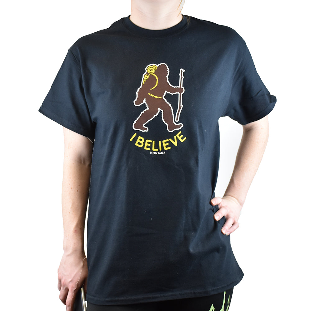 Black Montana Sasquatch Backpacking Tee Shirt by Fat Graphics