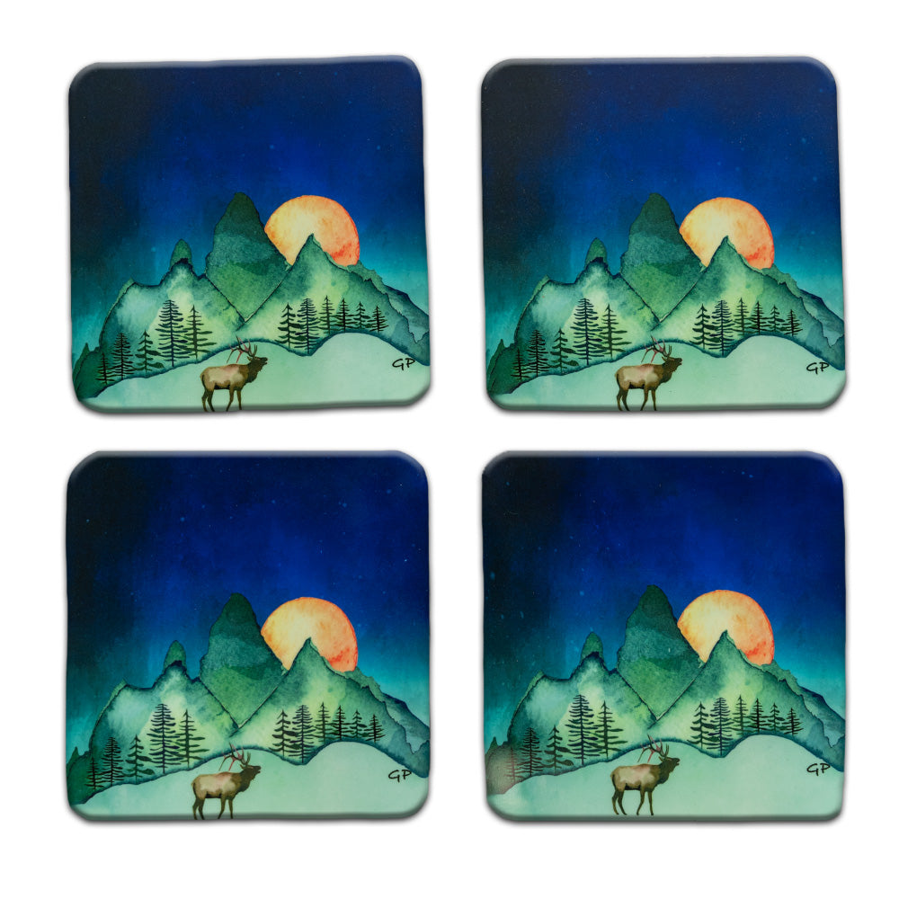 The Blue Moon Elk Coaster Set by G.P. Originals feature an adorable set of 4 corked back coasters with a watercolor landscape piece as the main image