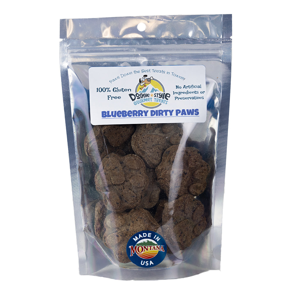 The Blueberry Dirty Paws Dog Treats by Doggie Style Gourmet Treats are made of simple ingredients and no preservatives!