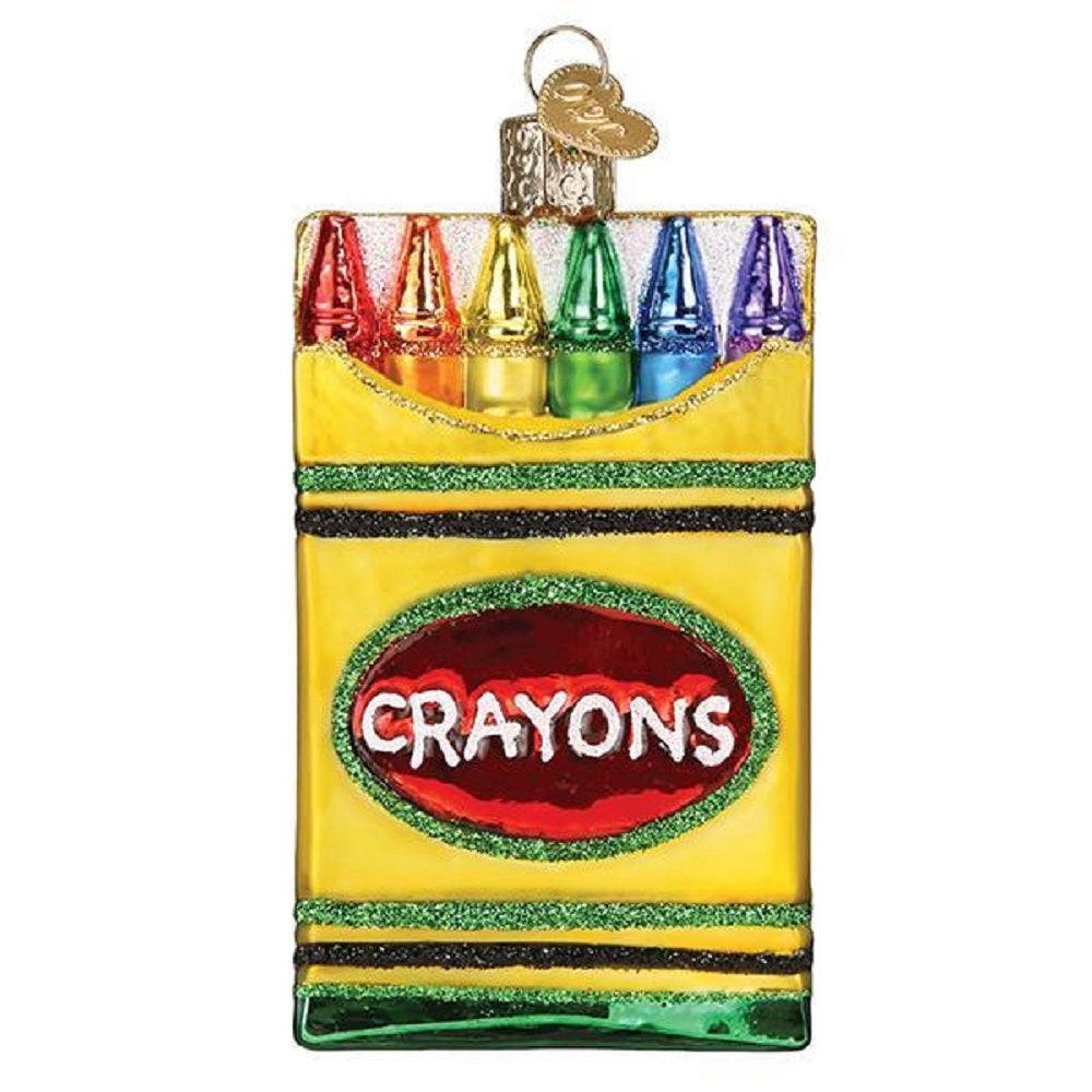 The Box of Crayons Ornament by Old World Christmas features a full set of glittered crayons and that bright yellow box we all know and love.