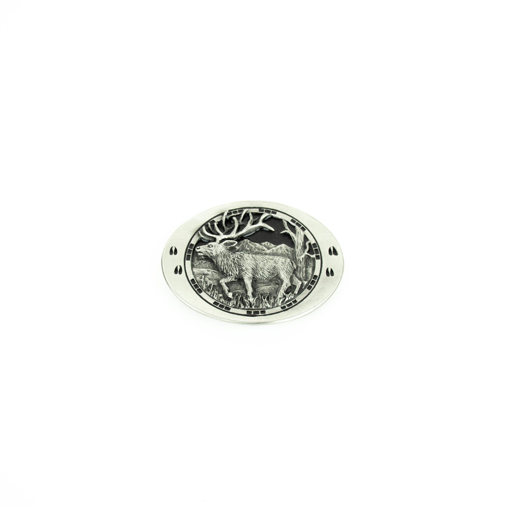 Elk with Footprints Pewter Cast Belt Buckle