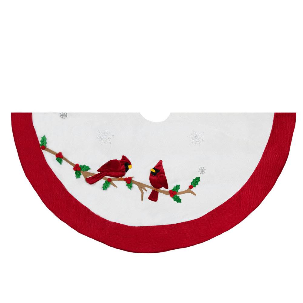  The Cardinal Fabric Christmas Tree Skirt by Transpac Imports is a stunning yet simple fabric skirt that features two cardinals on a holly branch.