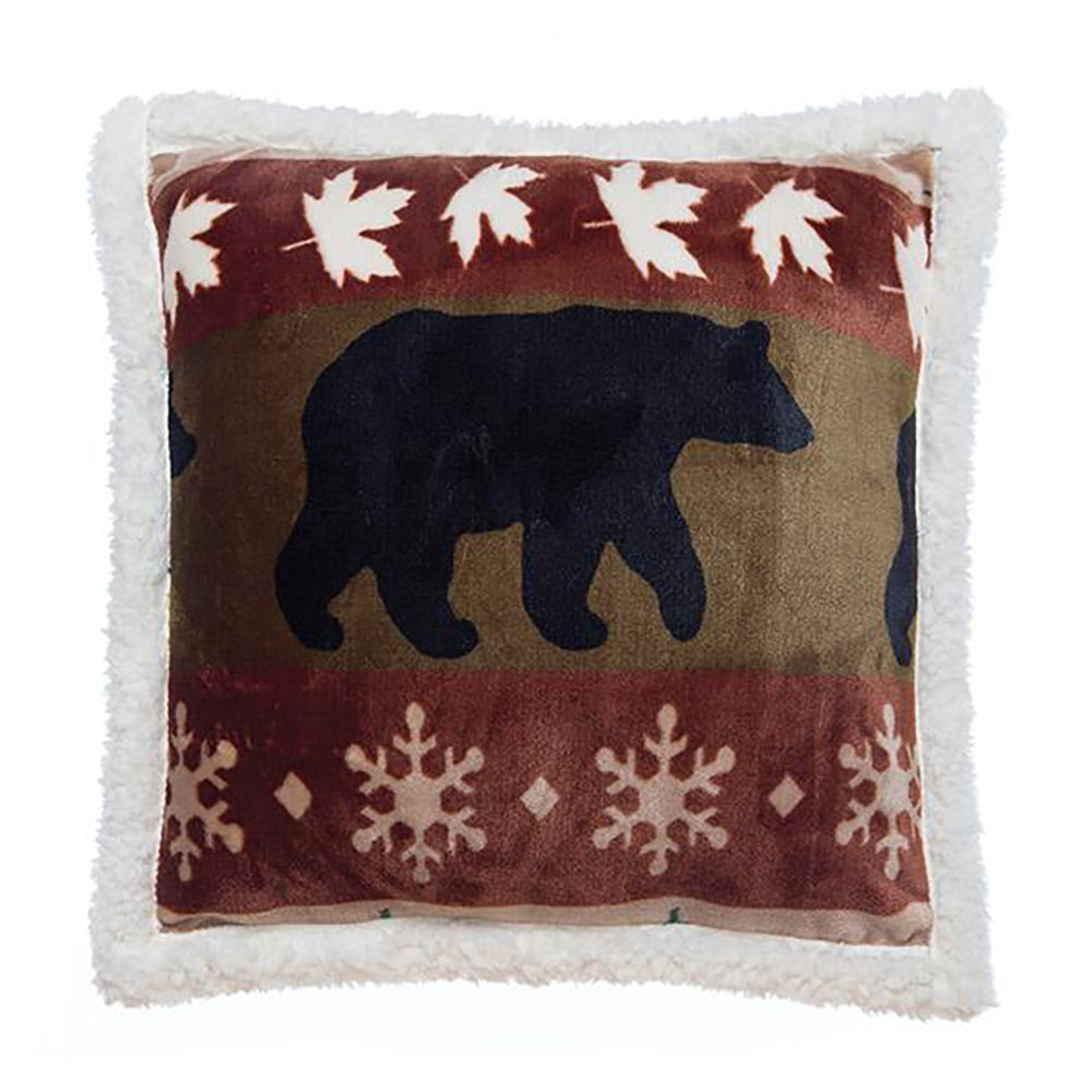 cascade ridge bear sherpa pillow by carstens features a rust red and light brown color with snowflakes, leaves, and black bears.