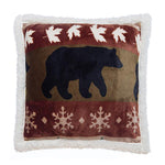 cascade ridge bear sherpa pillow by carstens features a rust red and light brown color with snowflakes, leaves, and black bears.