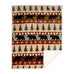 Cascade Ridge Sherpa Throw Blanket by Carstens features a light tan, rust color, and sage green stripes with black bears, pine trees, and snowflakes