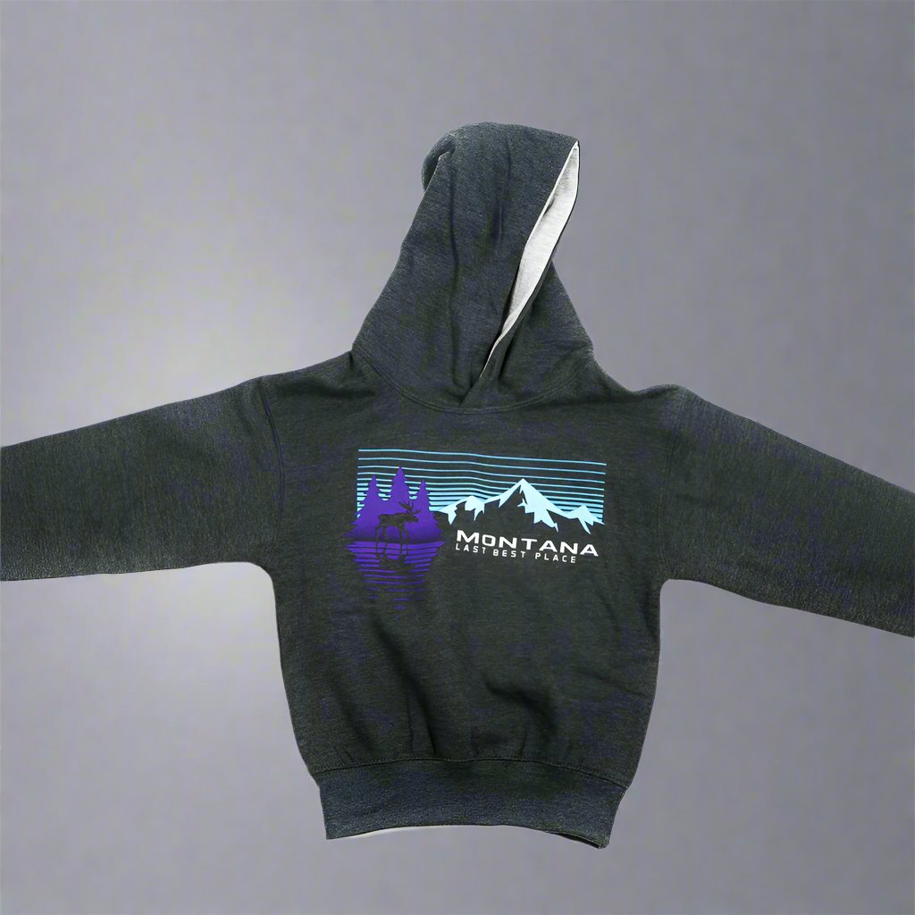 Everyone needs at least one comfortable hoodie! The Charcoal Midnight Reflection Mountain Moose Youth Montana Hoodie is the perfect way to show some Montana love.