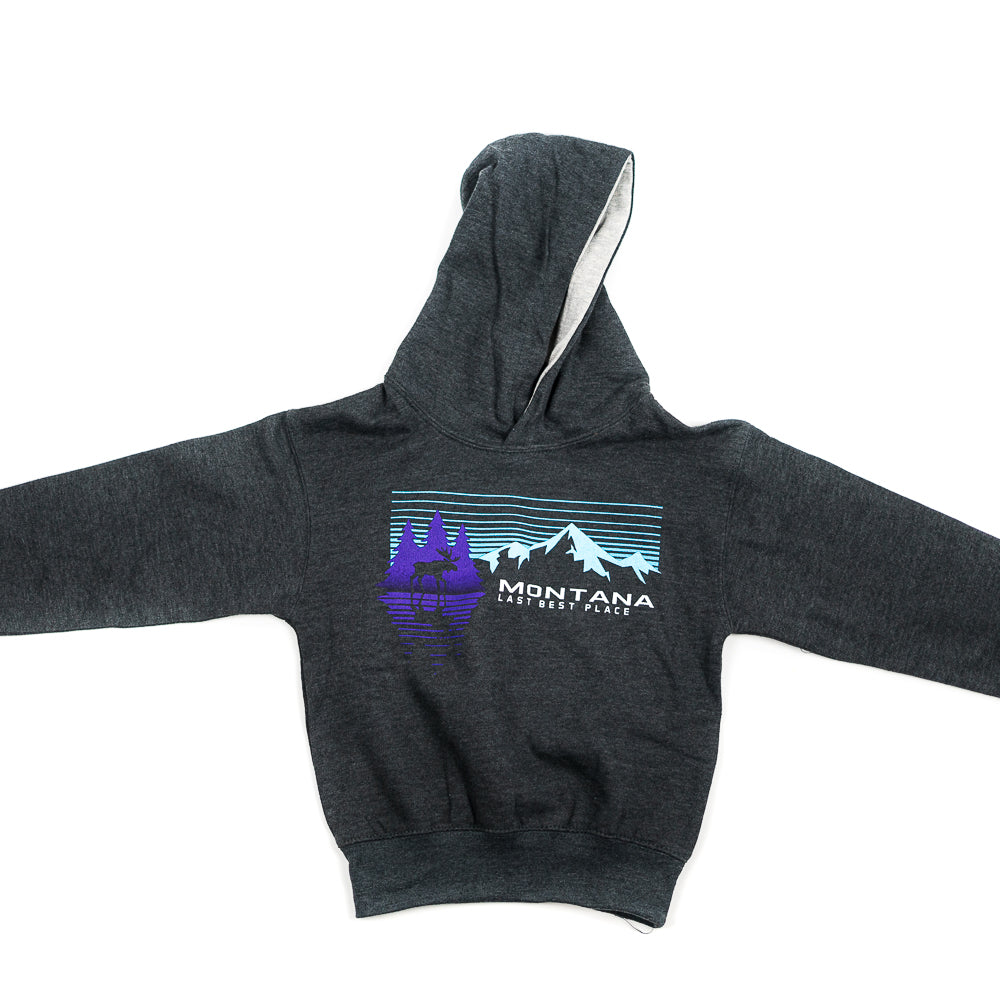Everyone needs at least one comfortable hoodie! The Charcoal Midnight Reflection Mountain Moose Youth Montana Hoodie is the perfect way to show some Montana love.