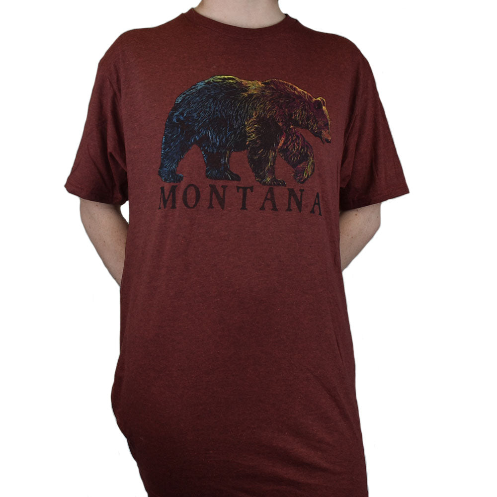 Chili Heather Frantic Grizzly Montana T-Shirt by Prairie Mountain Maroon Montana T-Shirt with a Realistic yet Stylized T-Shirt