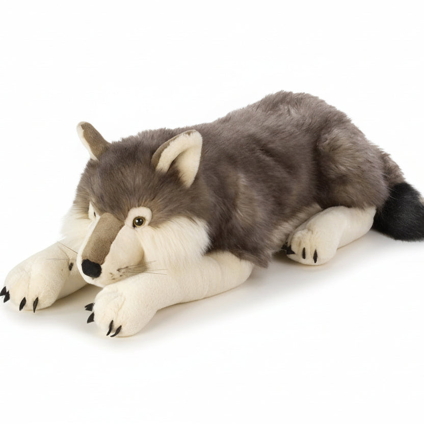 A plush toy resembling a gray wolf, designed for cuddling with realistic features and a soft texture.