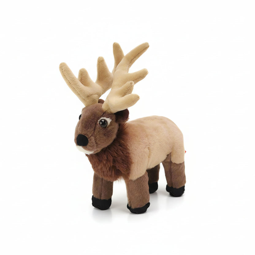 A plush toy resembling a young elk with a beige body, brown spots, and large antlers.
