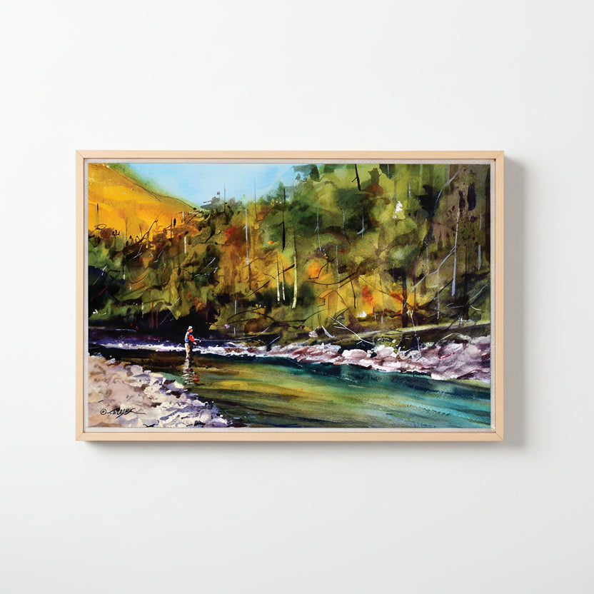 The Dean Crouser Big Wood River Framed Canvas by Demdaco is a stunning watercolor fishing scene straight from the artistic mind of Dean Crouser himself!