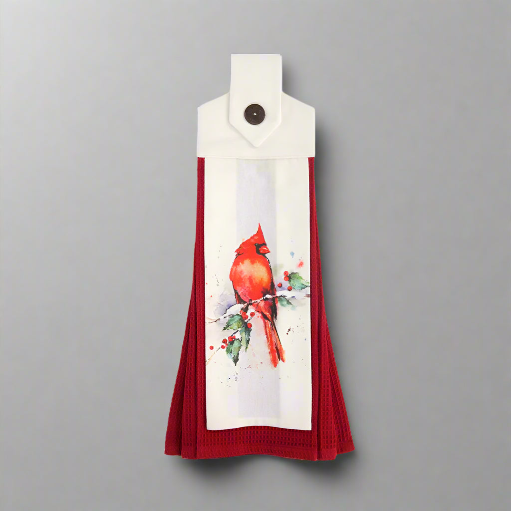 Cardinal & Holly Holiday Button Loop Tea Towel