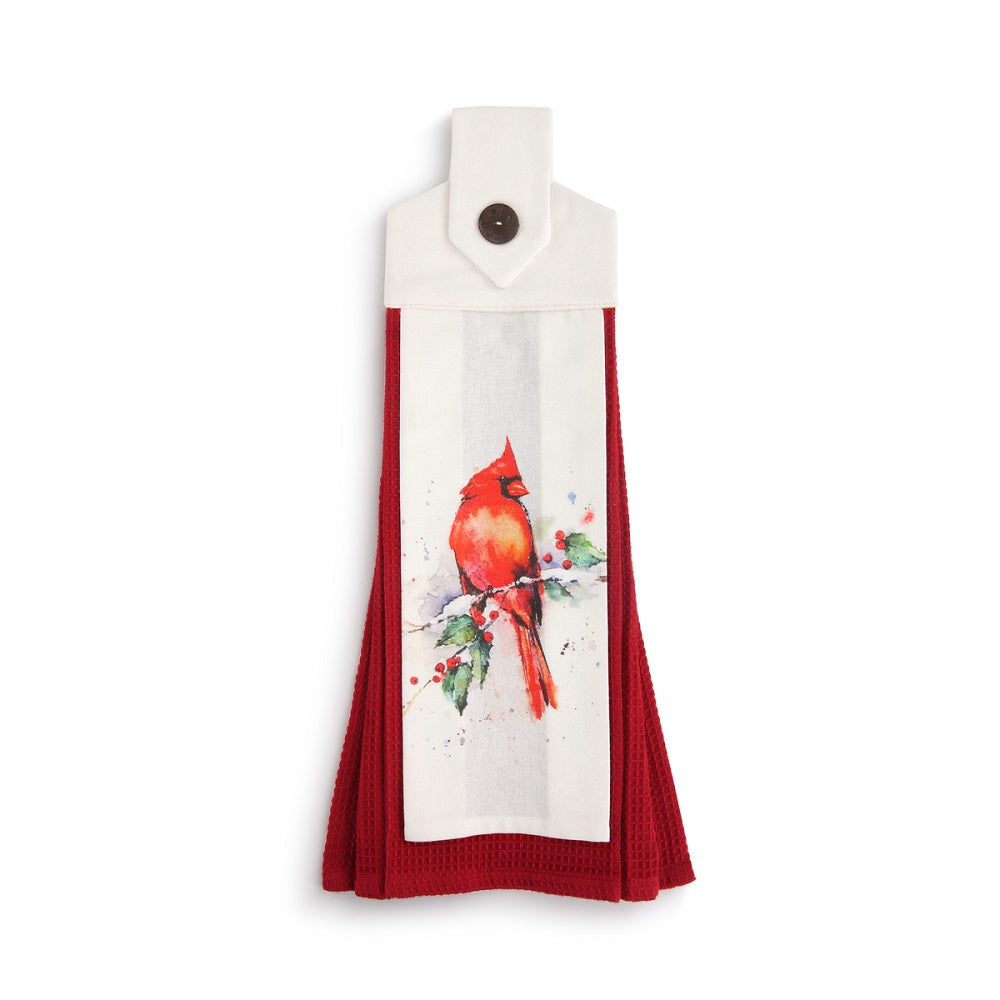 Cardinal & Holly Holiday Button Loop Tea Towel