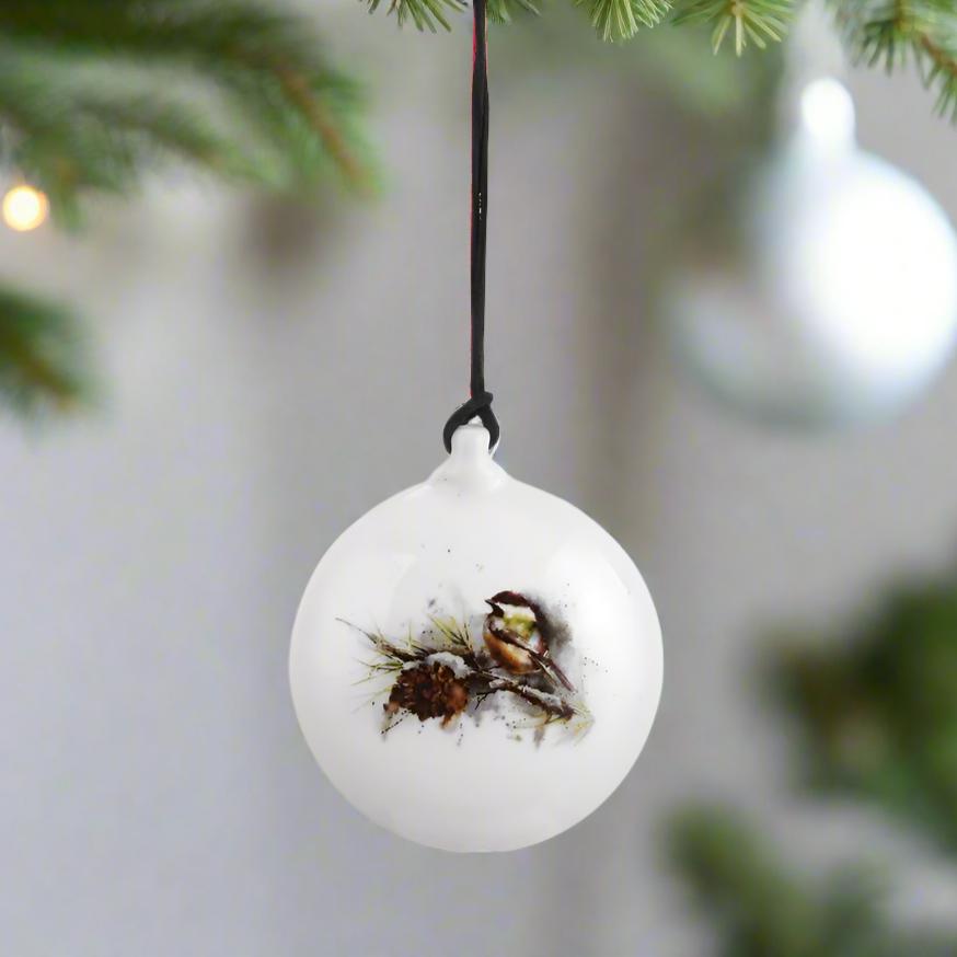 Dean Crouser Chickadee & Pinecone Ceramic Disc Ornament