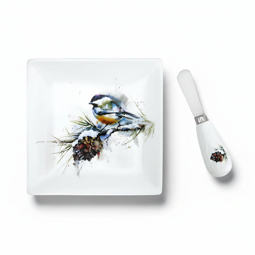 Dean Crouser Chickadee and Pinecone Plate and Spreader Set