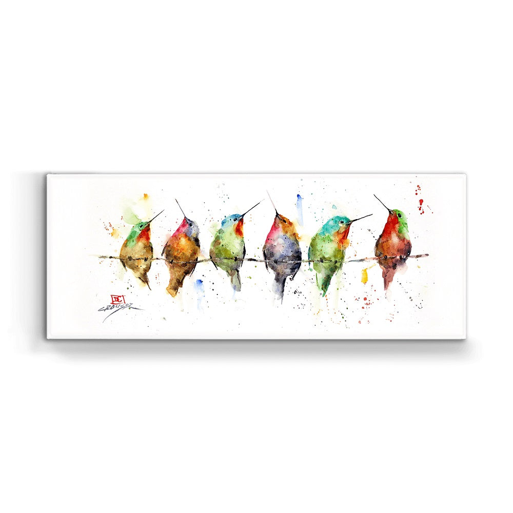 Six hummingbirds sit on a wire, enjoying the sun and fresh air in this Dean Crouser Hummers on a Wire Metal Box Art by Meissenburg Designs.