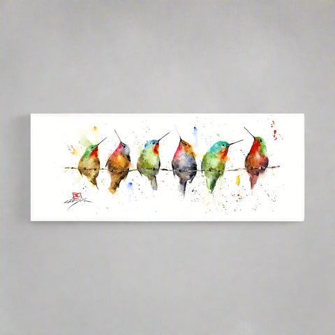 Six hummingbirds sit on a wire, enjoying the sun and fresh air in this Dean Crouser Hummers on a Wire Metal Box Art by Meissenburg Designs.