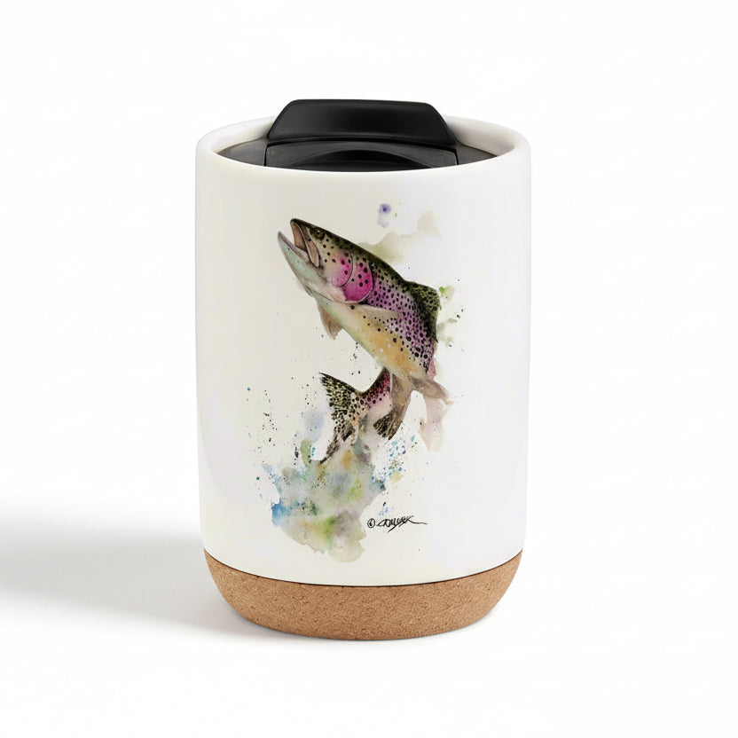 Enjoy the colorful and stylish art of Dean Crouser while you sip a warm drink with the Dean Crouser Cork Bottom Bone Tumbler by Demdaco.