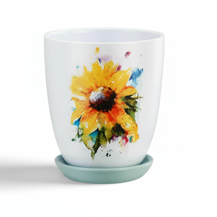 Sunflower Pot with Saucer by Big Sky Carvers