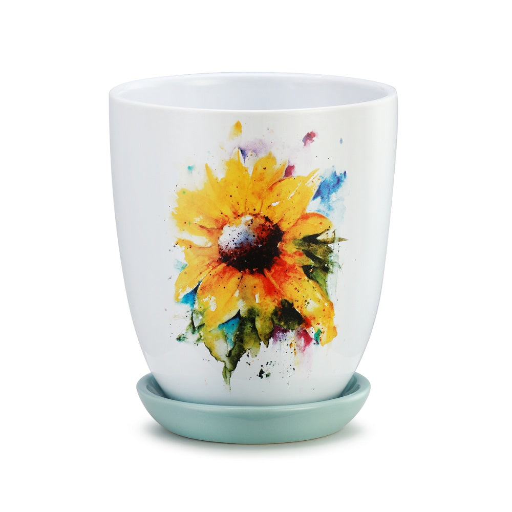 Sunflower Pot with Saucer by Big Sky Carvers