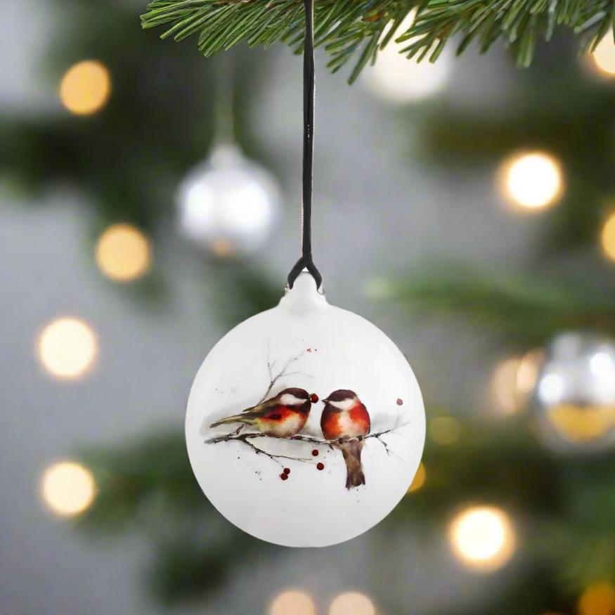 Dean Crouser Winter Chickadees Ceramic Disc Ornament