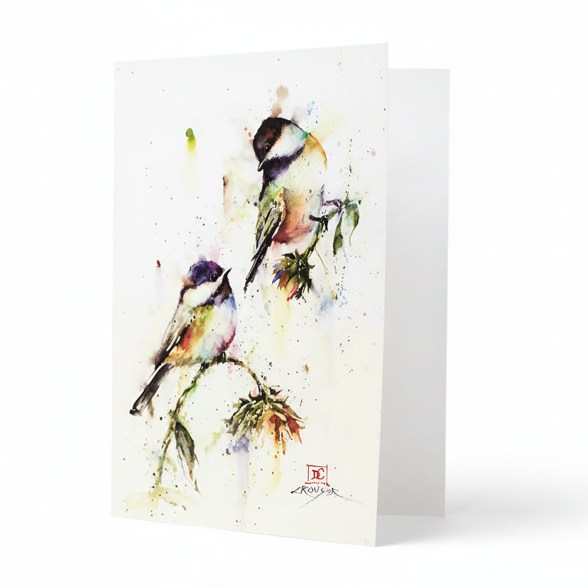 Dean Crouser Dropping in Chickadees Bird Watercolor Greeting Card