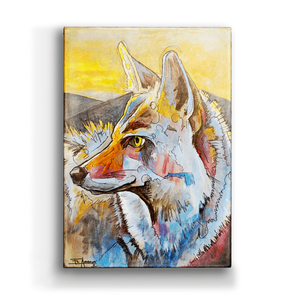 The Ed Anderson Coyote Metal Box Wall Art by Meissenburg Designs features a stunning coyote illustration complimented by yellow and blue hues to blend this coyote into its surroundings!