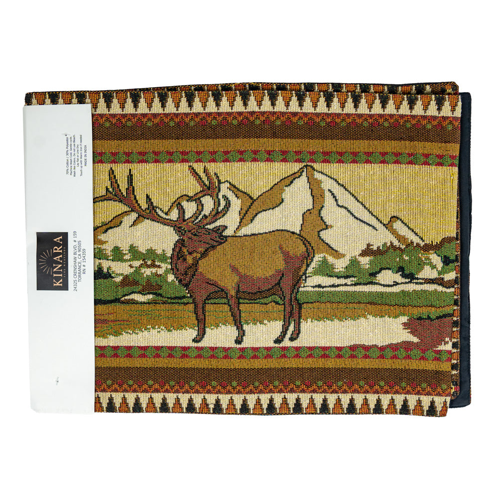 The Elk Country Runner by Kinara Fine Weavings brings you a beautifully woven elk in front of a mountain range.
