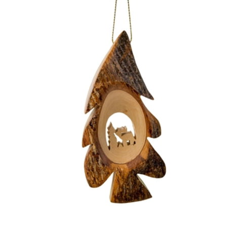 The Elk Tree Bark Ornament by Oak Wood features a beautiful scene of an elk in a wooded forest that's carved into a piece or olive tree wood. 