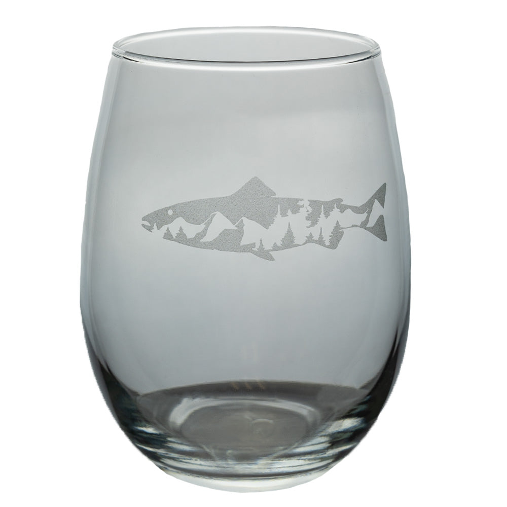 Fly Fishing Etched Stemless Wine Glass