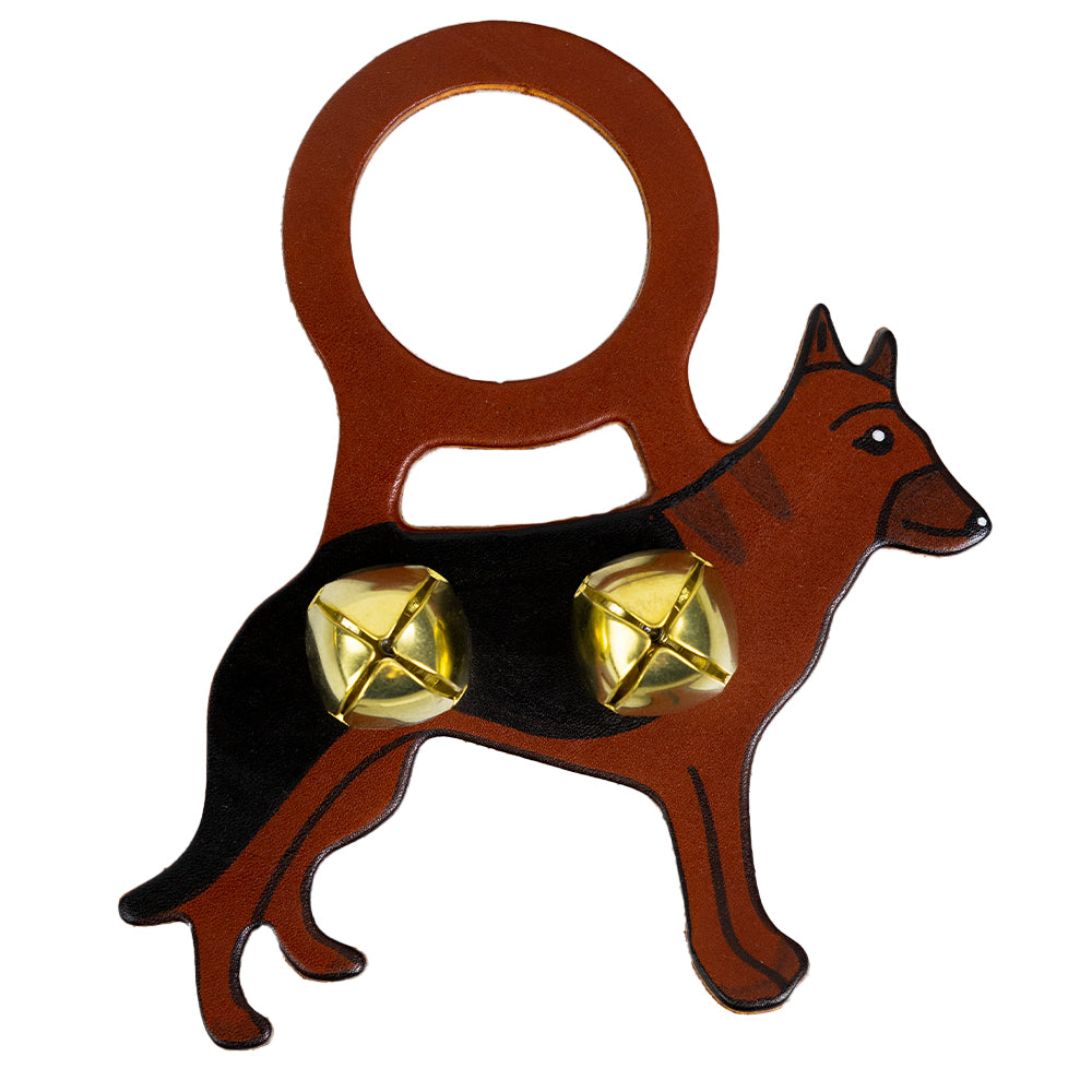 Get your favorite German Shepherd owner a set of brass jingle bells with the German Shepherd Bell by Belsnickel Enterprises. The hand-painted leather is cut out in the shape of a german shepherd and a pair of bells are attached to the body of the dog.
