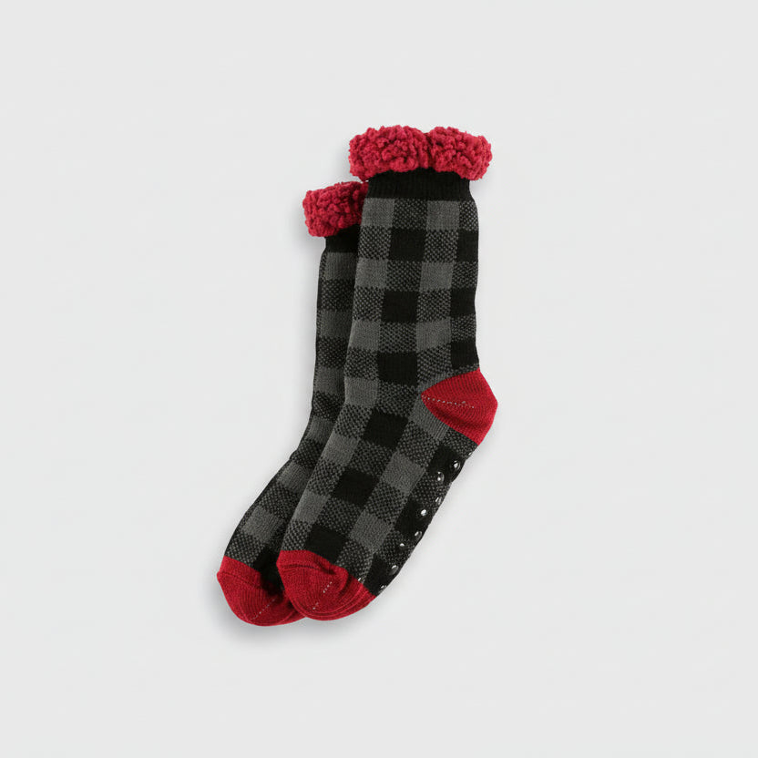 Black and red checkered socks on a light gray background