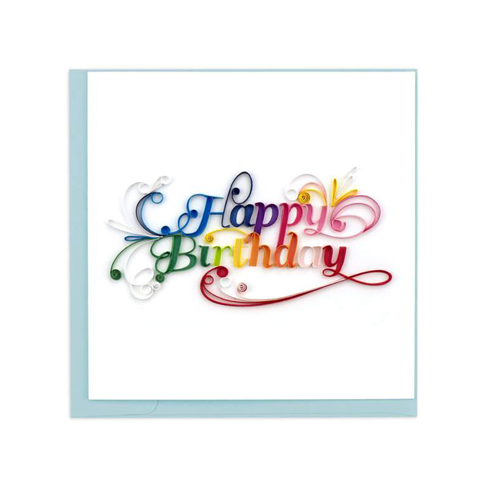 The Happy Birthday Greeting Card by Quilling Card brings a beautiful splash of color and artistic elegance to any birthday bash! Quilling is the art of rolling or shaping small strips of paper into unique images meant to mimic the curling of a bird's feathers, hence the name "quilling".
