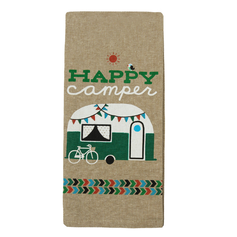 The Happy Camper Tea Towel by Key Dee Designs is made from 100% cotton and features a wonderful handmade chambray look with a cute camper design!