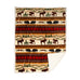 hinterland sherpa throw blanket by carstens features light tan, dark brown, clay orange, and red snowflake pattern with moose, pine trees, black bears, pinecones, and mountain scenes