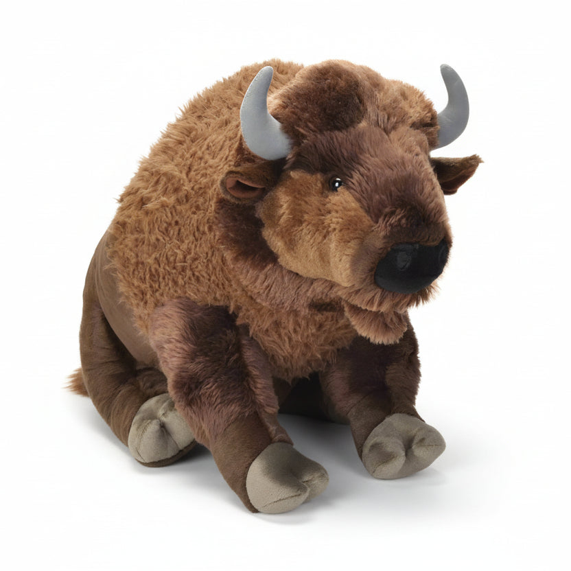 plush stuffed animal toy resembling a bison, with a realistic design including details such as horns and facial features, made by Wild Republic.