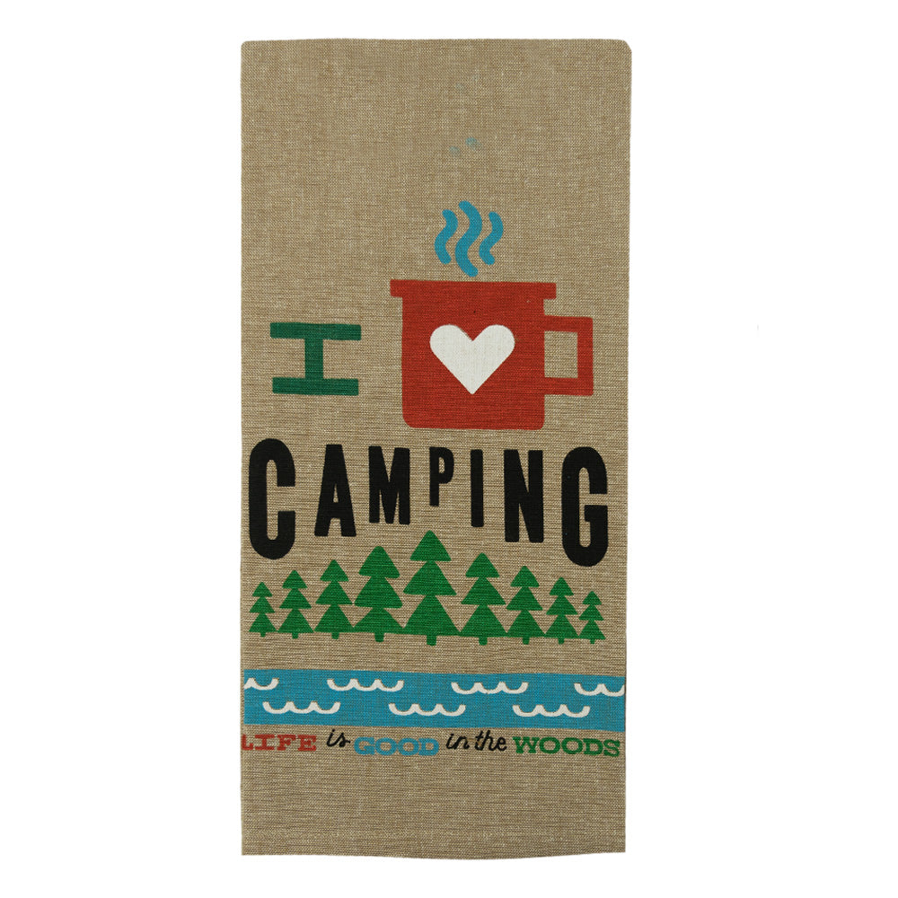 Show off your love for camping with this adorable Love Camping Tea Towel by Kay Dee Designs. The towel material looks like burlap, giving it a farmhouse feel, yet this camping towel is made from 100% cotton