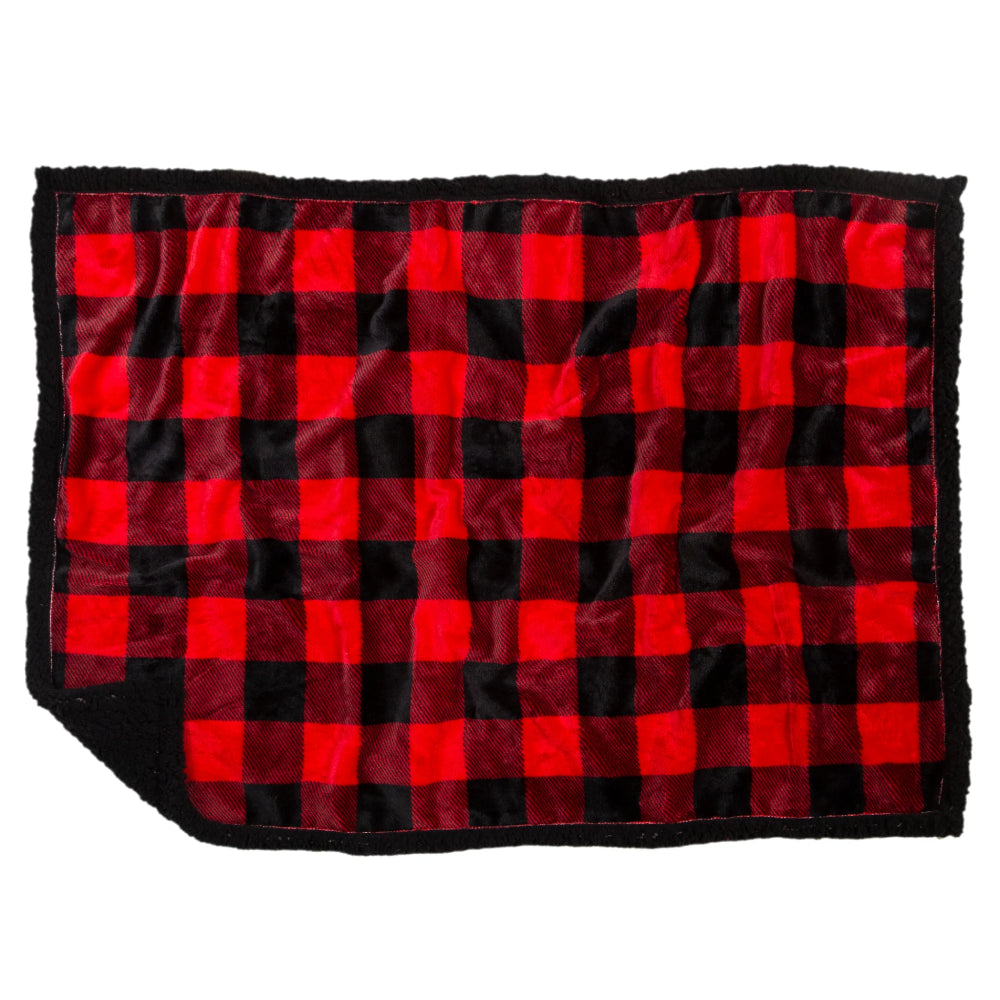 The Lumberjack Plaid Black Sherpa Dog Blanket by Carstens is available in two sizes so that dogs of any size can snuggle up just fine!