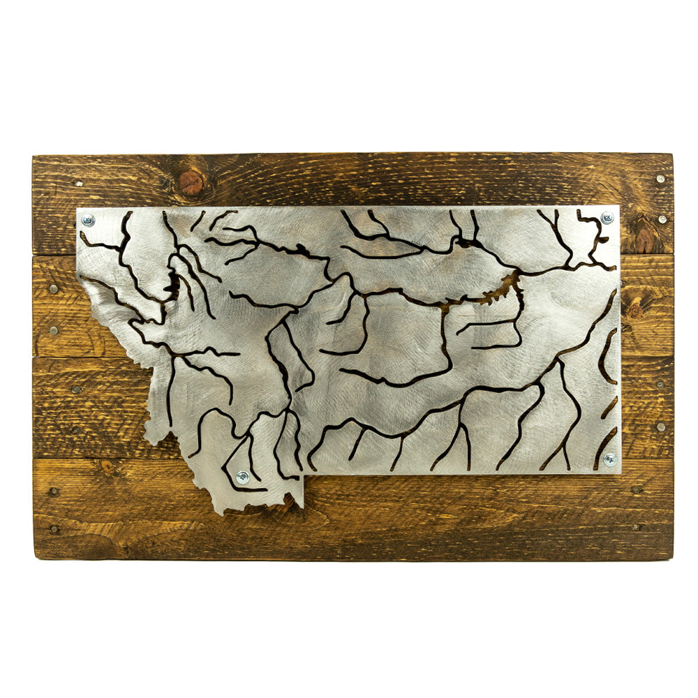 Polished Montana Rivers on Dark Brown Wood Wall Art by Iron Bark Designs