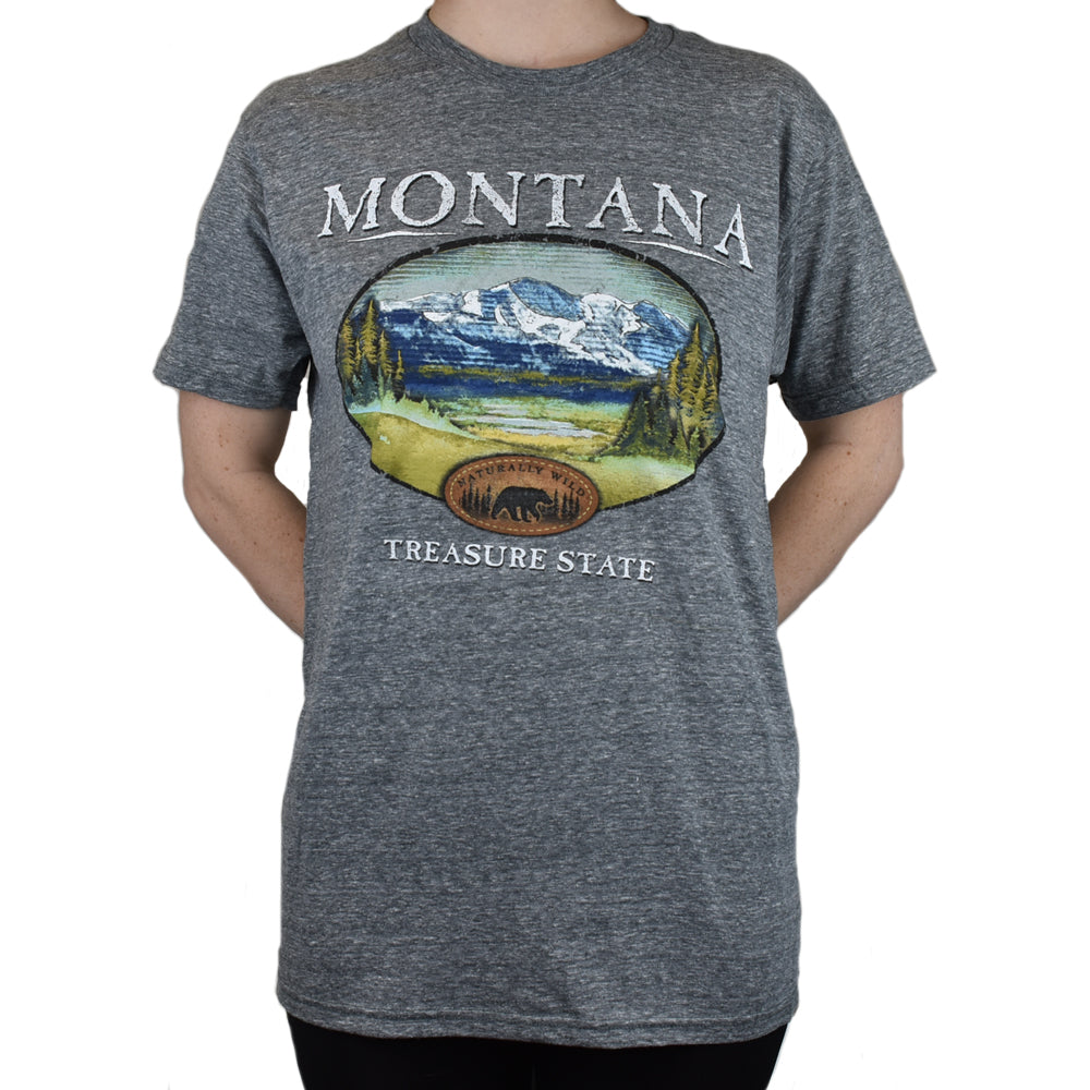 Montana Fishing Bridge Mountain Treasure State Graphite Tee Shirt by Prairie Mountain