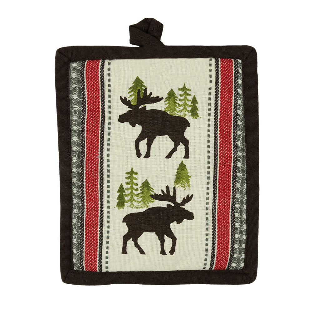 The Moose Simple Life Pot Holder by Kay Dee Designs features a rustic and cottage-like design, complete with silhouettes and patterning!