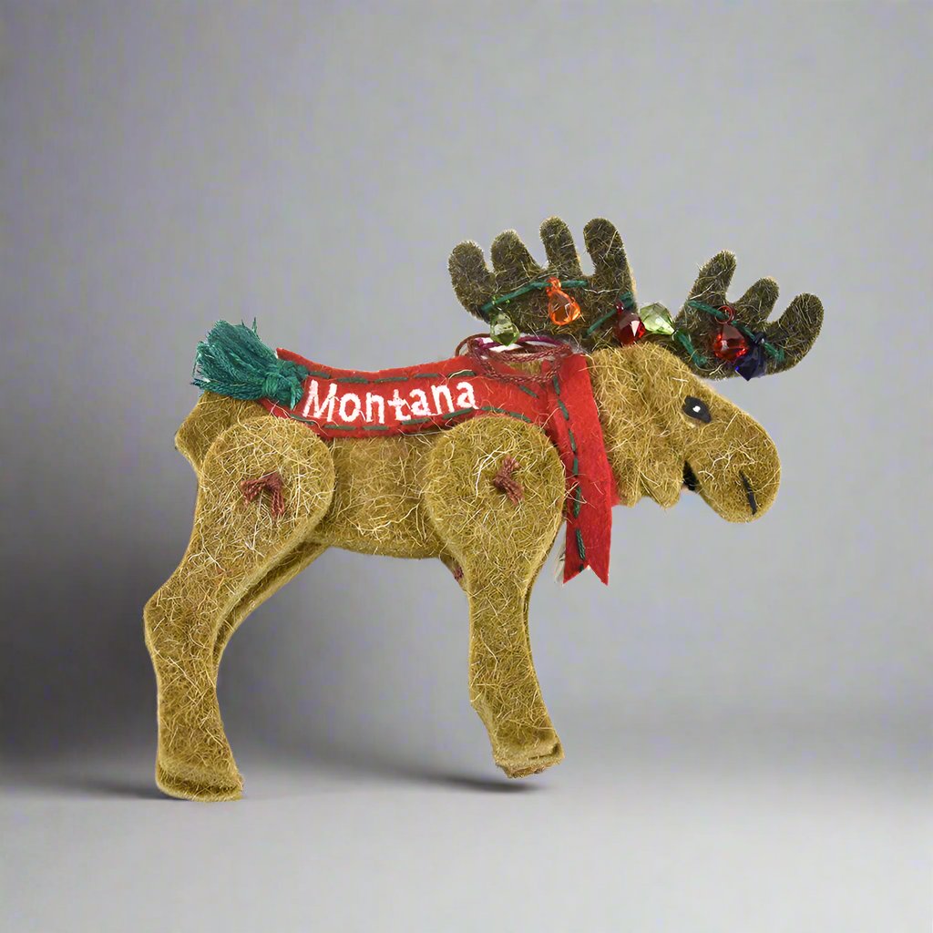 Moose with Christmas Lights Wool Montana Christmas Ornament