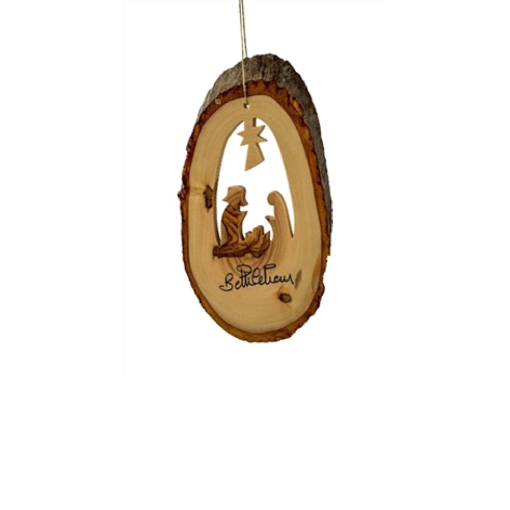 Carved within olive wood that is harvested in the Holy Land, this Nativity Natural Cut Ornament by EarthWood features the nativity scene of new born Jesus underneath the Star of Bethlehem.