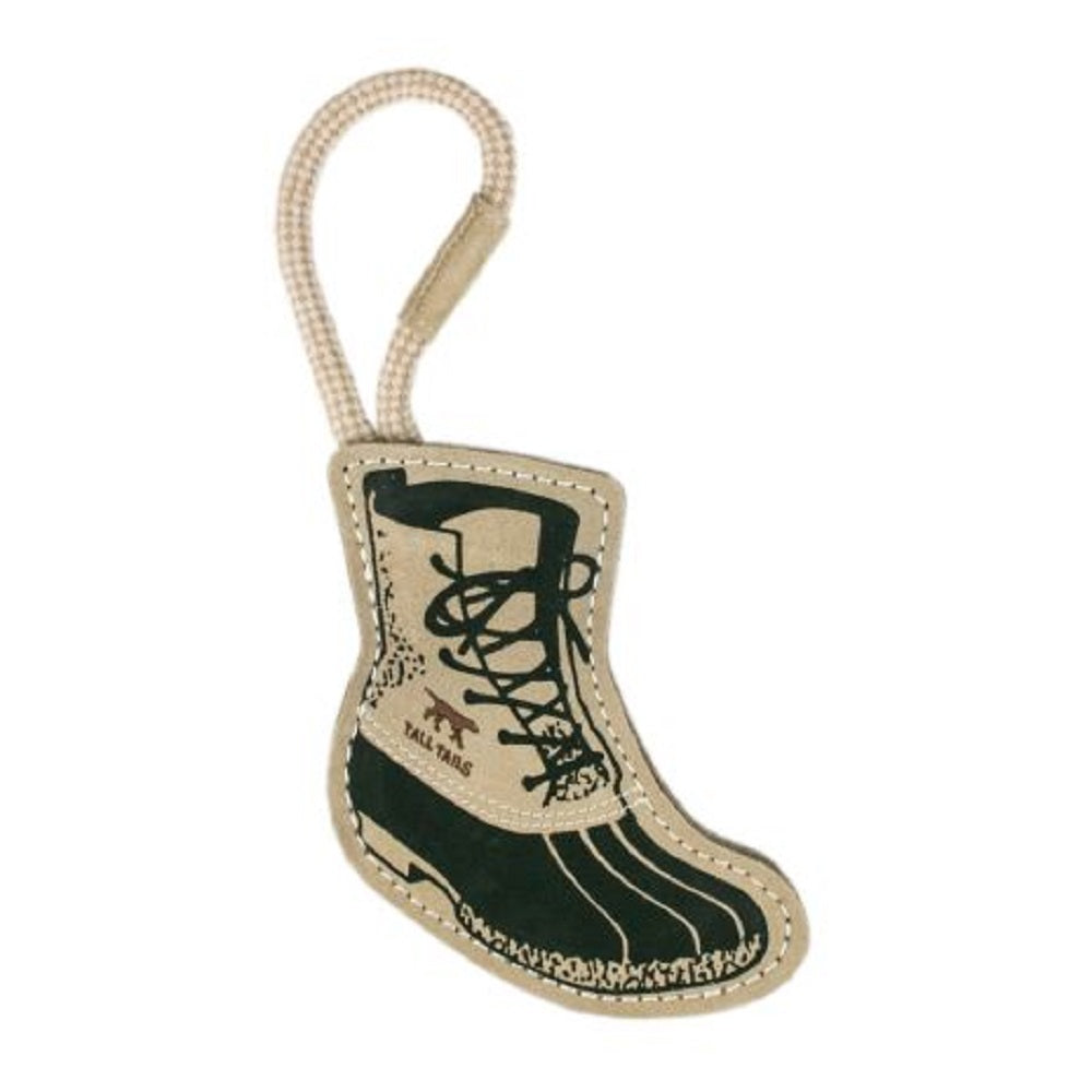  The Natural Leather and Wool Hiking Boot Toy by Tall Tails is recommended for medium to large dogs, and is perfect for any game of fetch, tug-of-war, and other interactive play times!